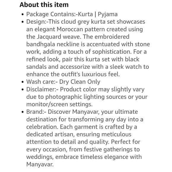 Manyavar Men Blended Cotton Embroidered Kurta Pyjama Set SZ L Gray Top - Picture 11 of 12
